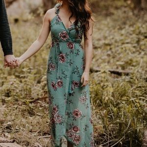 Turquoise Ruffle Wrap Dress with Florals